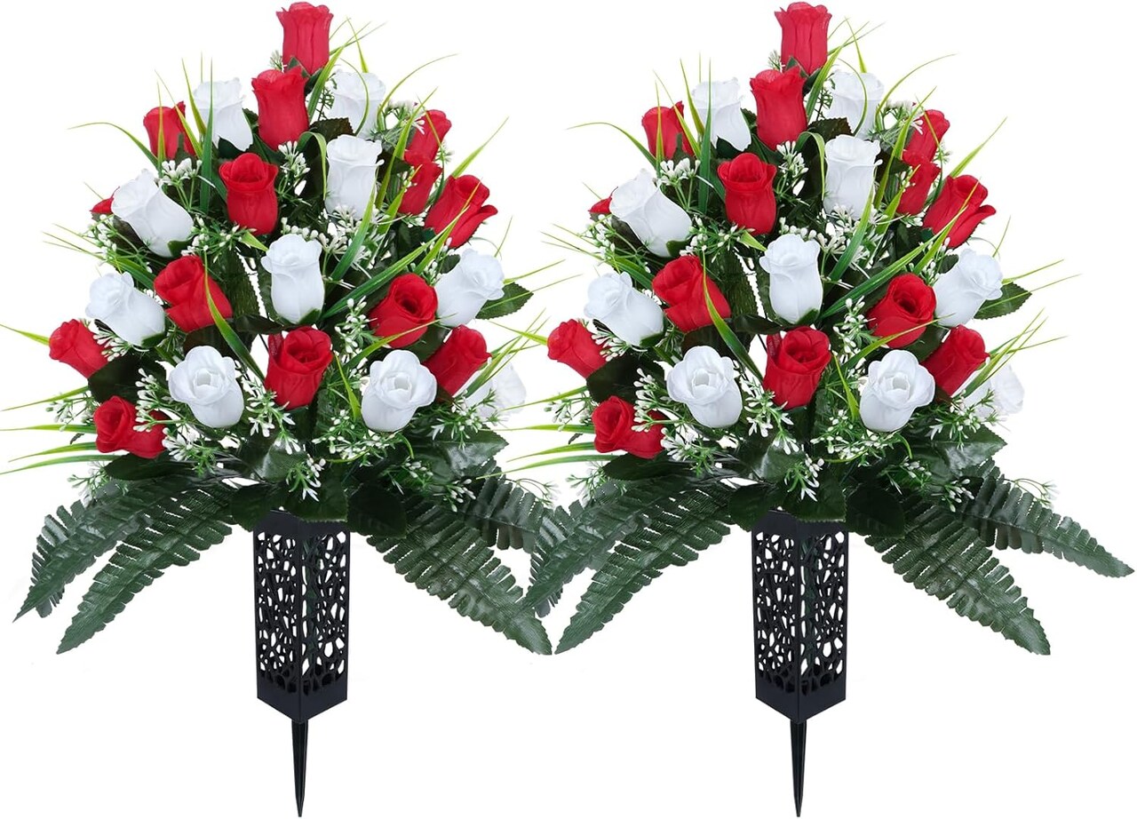 Artificial Flowers for Cemetery, 2 Sets 48 Heads Artificial Rose Bouquet Graveyard Memorial Silk Flowers for Cemetery Flower Arrangement with Vase for Headstone Decor Outdoor (Red & White)
